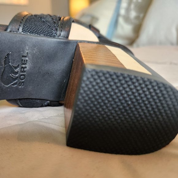 Sorel Black Tan Addington Cuff Leather Colorblock Heel Open Toe Sandal - Picture 4 of 12